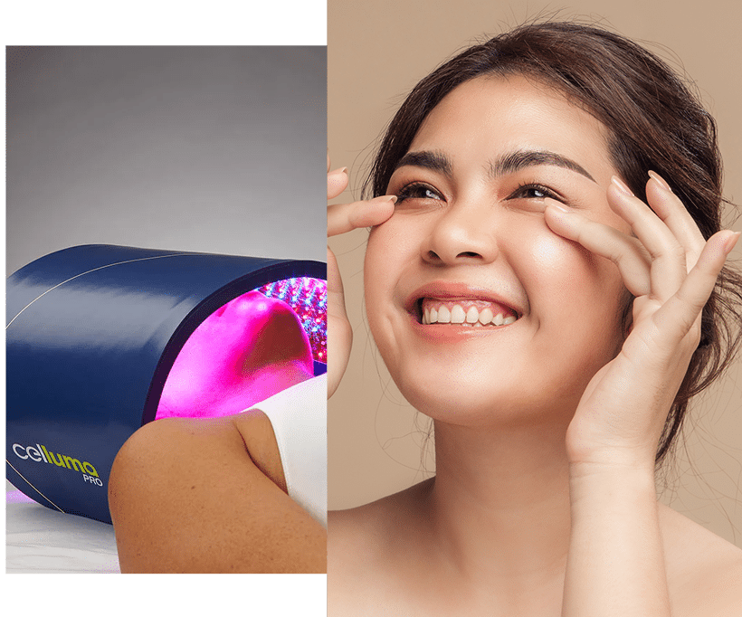 Woman celebrating her smoother skin after LED treatment